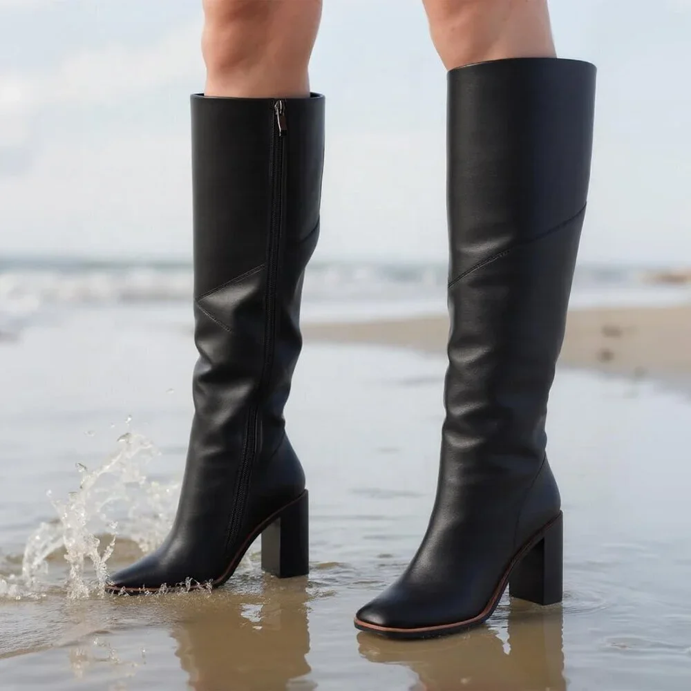 Women’s Polyurethane Black Waterproof Square Toe Chunky Block Heel Leather Boot
